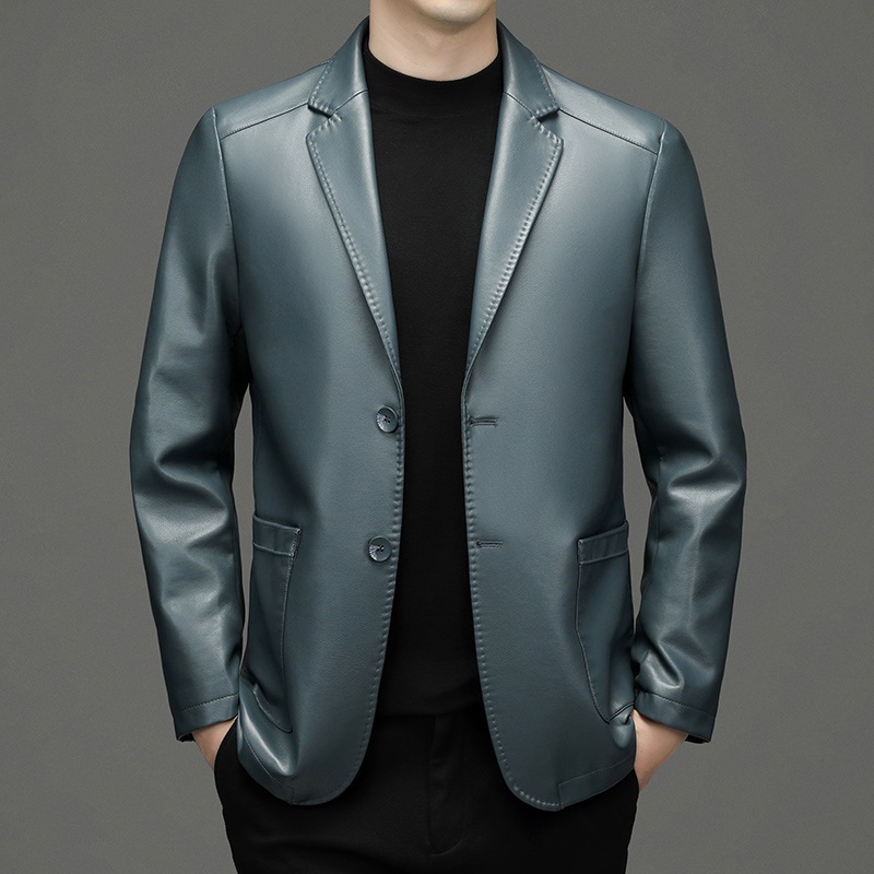 Slim Fit Blazer Men - 新しい男性本革ブレザージャケットスリムフィットスーツコート品質男性ビジネスカジュアルシープスキンレザースーツジャケット 4XL