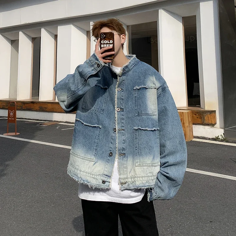 Mens Fashion Denim Jacket - アメリカンレトロヒップホップローエッジデニムジャケットメンズ2026春新作ヒップホップパッチワークストリートウェアファッションルーズジーンズジャケットメンズ
