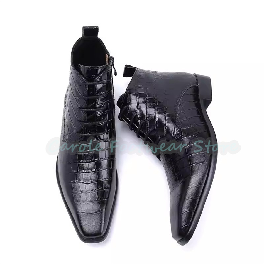 Men'S Fashion For Wedding - ファッション本革アンクルブーツ男性用ポインテッドトゥチャンキーヒールハイトップレースアップブーツ男性結婚式ビジネスドレスシューズ