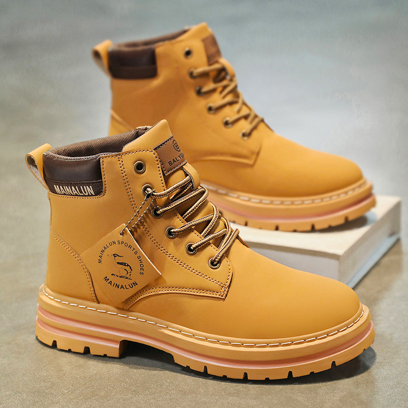 Fashion Men'S Boots - クラシックメンズハイカットブーツ高品質イエローレザーブーツファッションアウトドアスニーカーメンズレースアップ滑り止めアンクルブーツメンズ