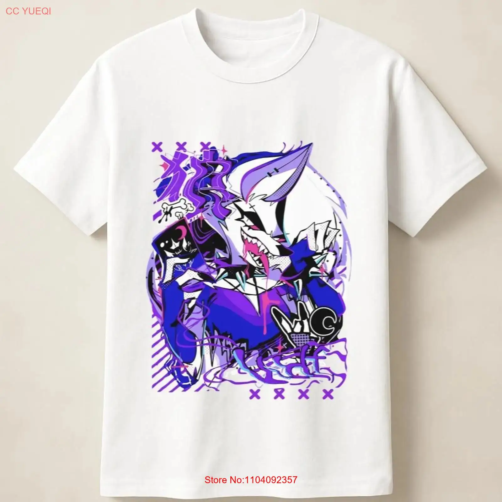 Poster Men Fashion - 紫のアニメ狼のグラフィティポスターが描かれた絶叫アートスタイルTシャツ、ヴィンテージウォッシュ加工、ストレッチ素材、ソフトトップ、普段着に最適