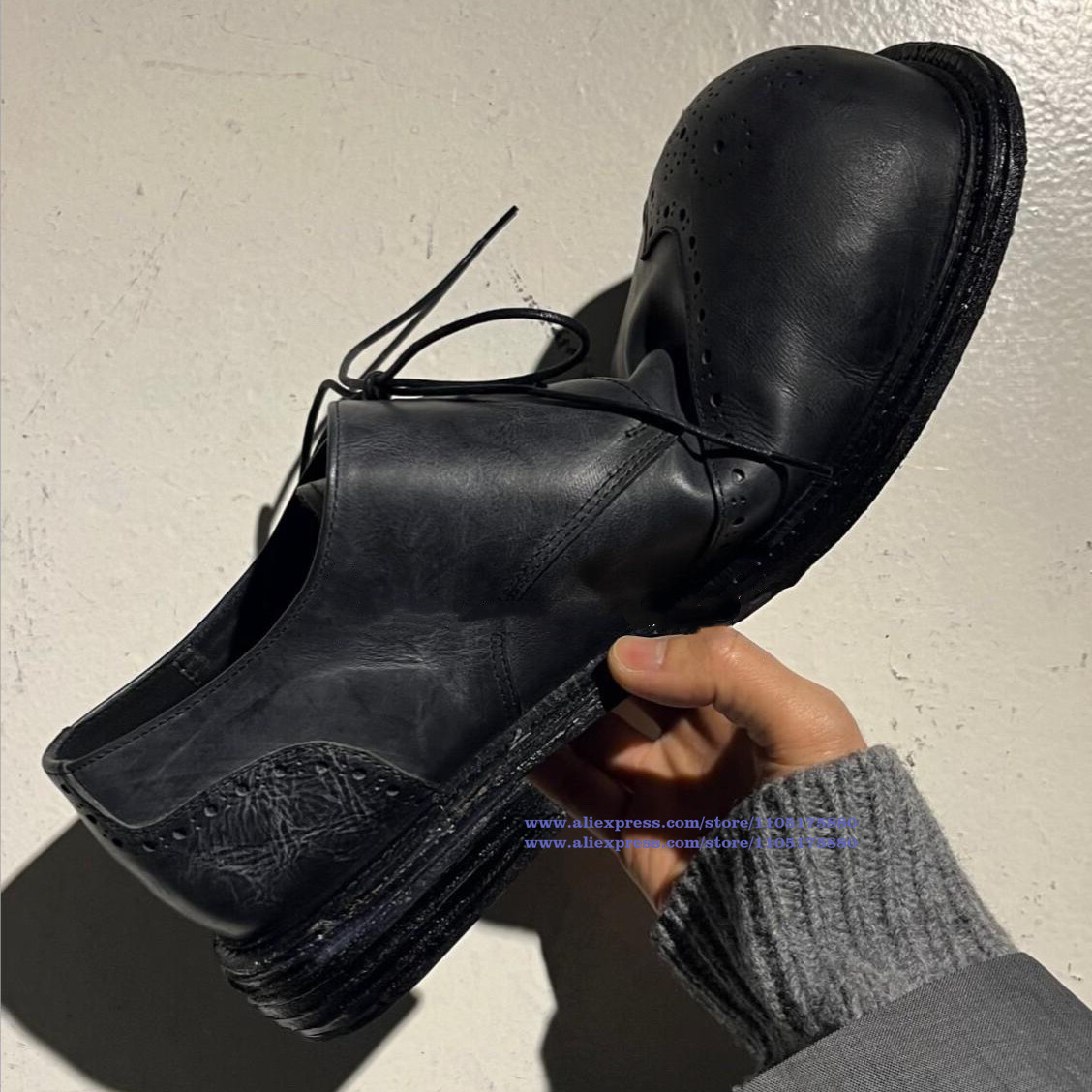 Oxford Shoes Brogue - ヴィンテージブラックレザーブローグレースアップオックスフォードストリートウェアフットウェア身長アップビッグラウンドトゥメンズシューズトレンディメンズシューズ