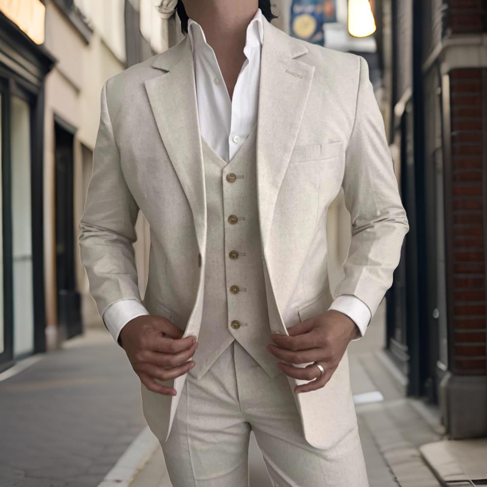 Slim Fit Blazer Men - 3 ピースリネンメンズスーツビーチパーティースリムフィットベージュ結婚式タキシード新郎プロム男性ファッションスーツブレザーベストパンツ