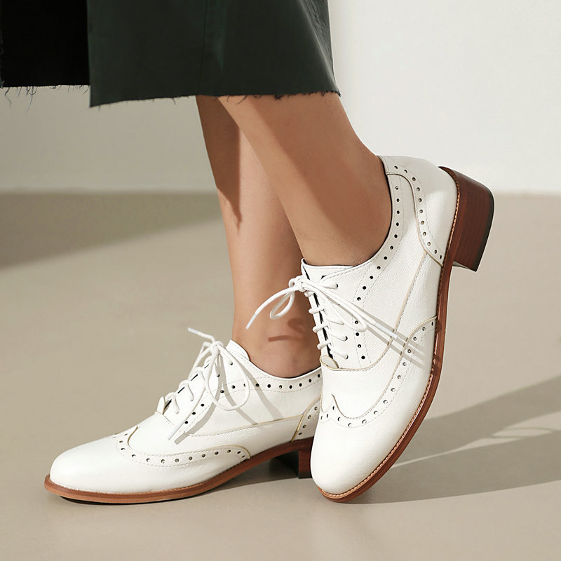Oxford Shoes Brogue - ブローグオックスフォードシューズ レディース レースアップ ローヒール PUレザー カジュアル