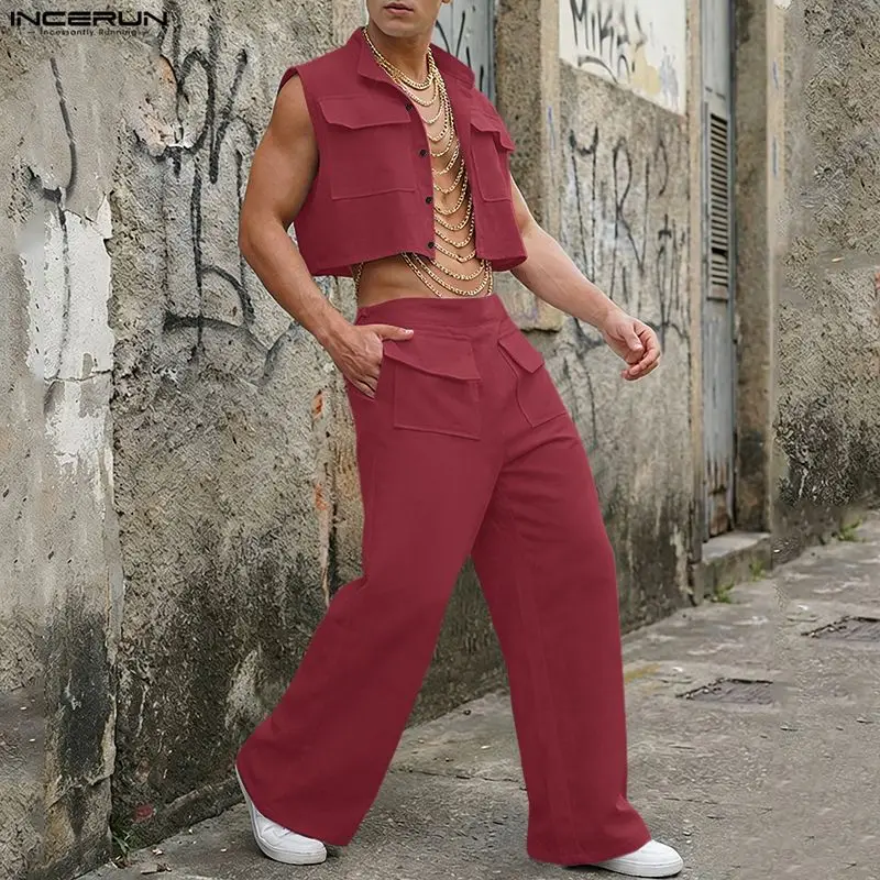 Men'S Spring Fashion - INCERUN 男性セット固体ノースリーブクロップトップスシャツパンツ 2 ピースセットストリートルーズ 2026 ファッションメンズマッチングセットトラックスーツ