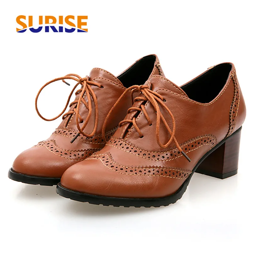 Oxford Shoes Brogue - Oxfords-女性用ハイブロックヒール、ブラウンレザー、ラウンドトゥ、デザイナーブログ、ドレスシューズ、オフィスレディース、レースアップ、ヴィンテージ、英国女性