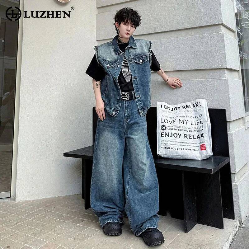 Men'S Fashion Jeans - LUZHEN 2026 夏デニムツーピースセットメンズファッションハンサムストリートウェアポケット装飾ノースリーブコートストレートジーンズ JY6893