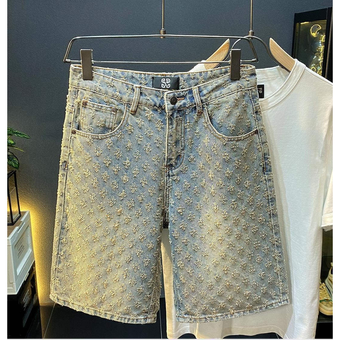 Men'S Fashion Jeans - 夏のハイストリートデニムショーツ メンズカジュアルジーンズショーツ ルーズミッドハイウエスト ファッションヴィンテージ 膝丈デニムショートパンツ メンズ