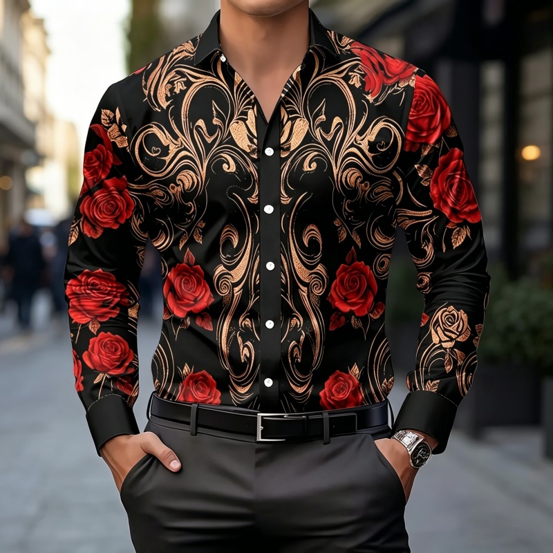 Fashion Mens Shirt - 2026年新作メンズシャツファッションプリントシャツライトラグジュアリーレトロ柄スリムフィット長袖メンズビジネスカジュアルファッショントップス
