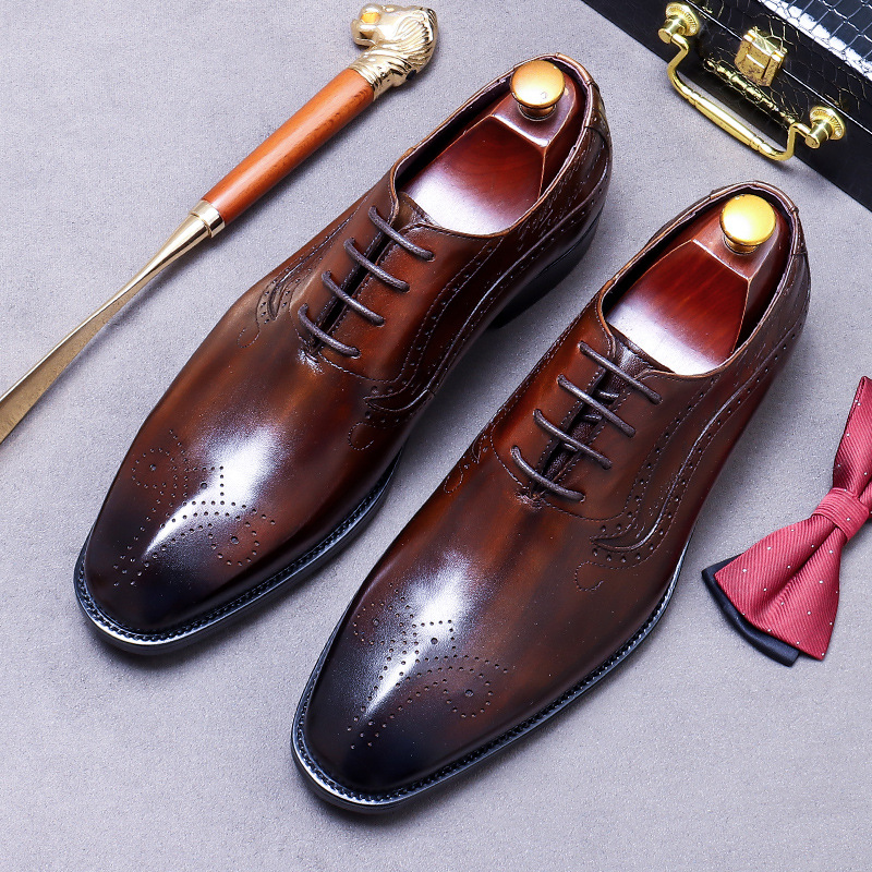 Oxford Shoes Brogue - メンズヴィンテージ風エンボス加工ブローグオックスフォードシューズ、本革ウィングチップドレスシューズ、滑り止めフォーマルビジネスシューズ