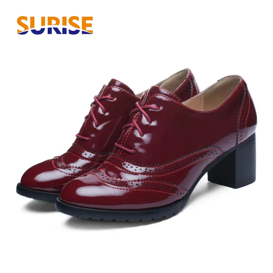 Oxford Shoes Brogue - 女性用パテントレザーハイブロックヒール、パーティードレス用パンプス、オフィスレディ、レトロなブローグシューズ、英国のオックスフォード、青、赤、黒