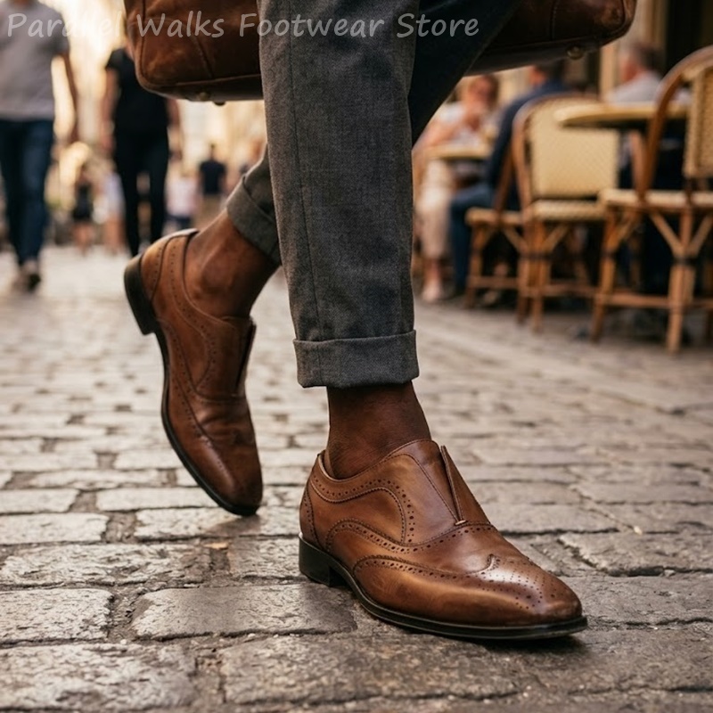 Oxford Shoes Brogue - メンズブラウンレザーブローグシューズスリッポン弾性穴あきウィングチップフォーマルイブニングパーティードレスシューズオックスフォードクラシックローファーシューズ
