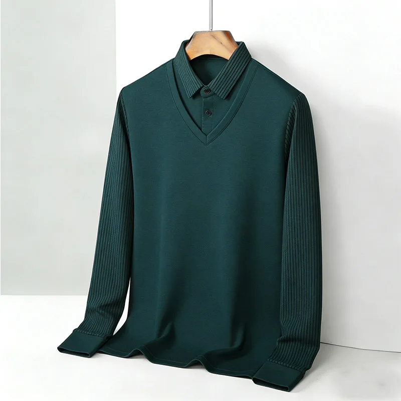 Fashion Mens Shirt - メンズフェイクツーピースシャツ襟 V ネック長袖トップカーキストライプカジュアルファッションソフト生地日常着ブラウス