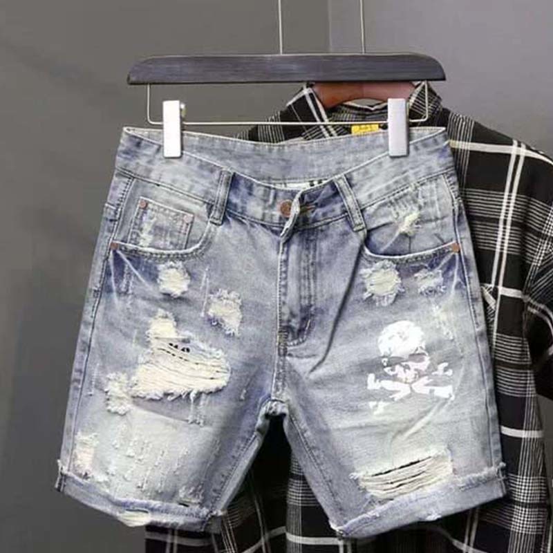 Men'S Fashion Jeans - メンズの穴のある伸縮性のあるサマージーンズ,フィットしたファッショナブルな韓国スタイルのストリートウェア,デニムショーツ