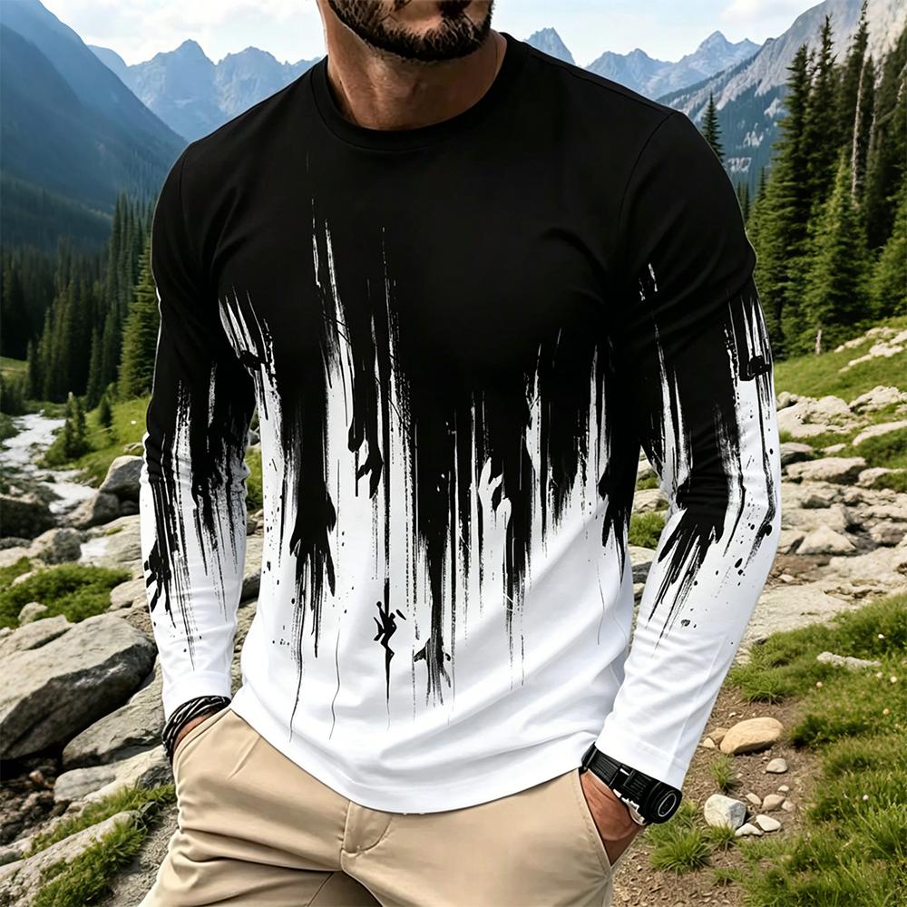 Men'S Spring Fashion - メンズグラデーションインクスプラッシュ長袖Tシャツカジュアルストリートウェアクルーネックトップス新作ファッション通気性プリントベースレイヤーシャツ