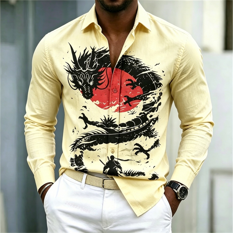 2026年新作 メンズシャツ 白黒赤のコントラスト ドラゴン - Fashion Mens Shirt のレビューと価格