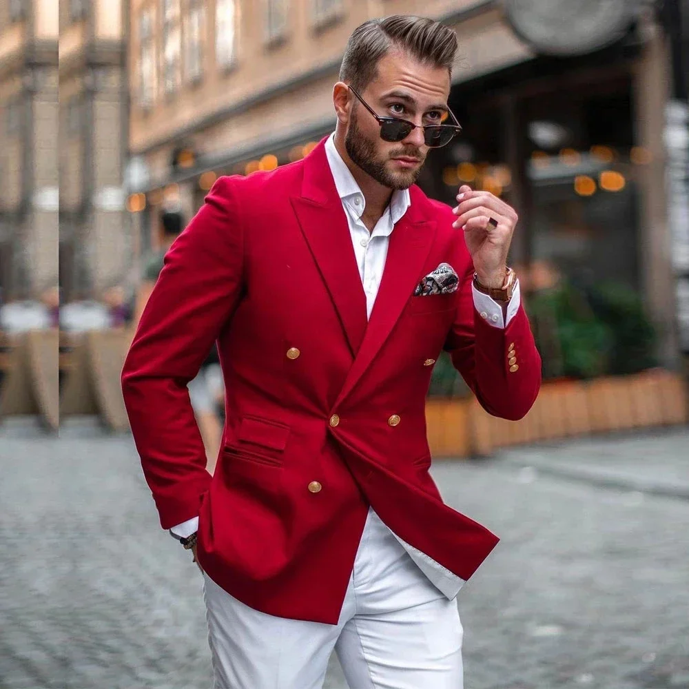 赤いジャケット、白いパンツ、ダブルブレストのファッショナブル - Slim Fit Blazer Men のレビューと価格