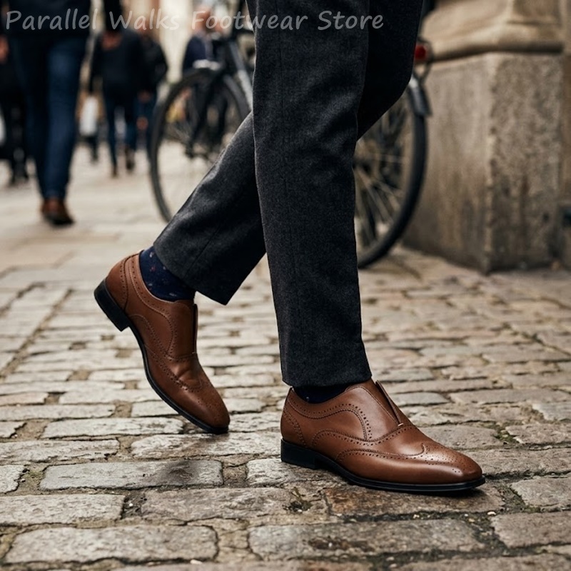 メンズブラウンレザーブローグシューズスリッポン弾性穴あきウィ - Oxford Shoes Brogue のレビューと価格