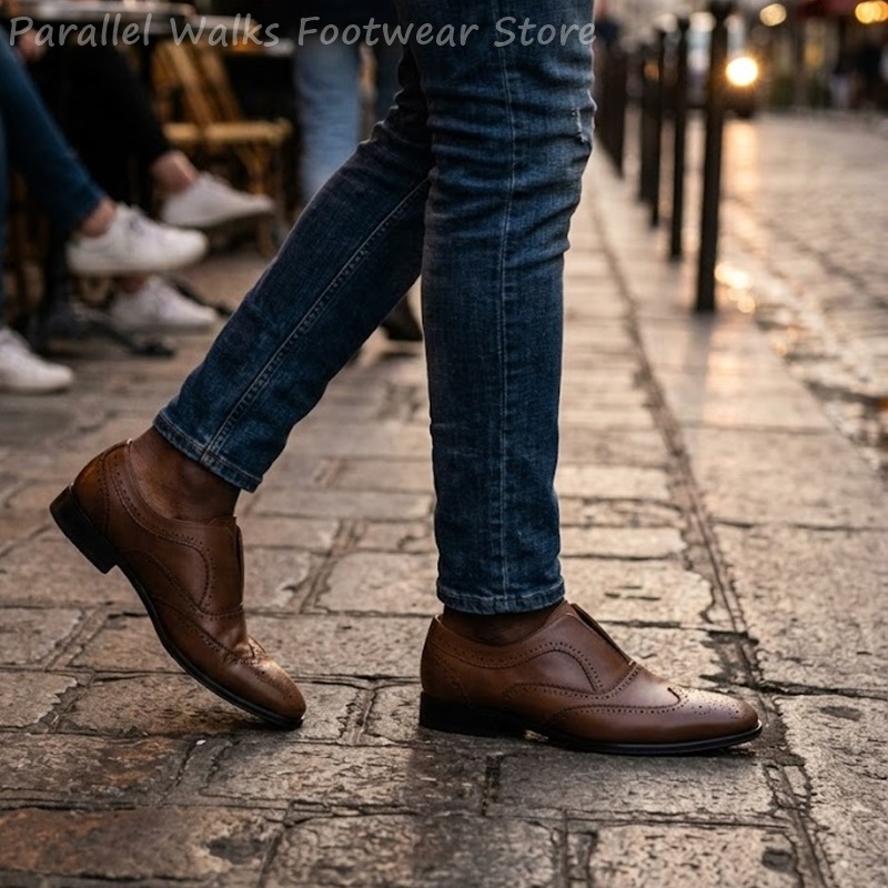 メンズブラウンレザーブローグシューズスリッポン弾性穴あきウィ - Oxford Shoes Brogue のレビューと価格