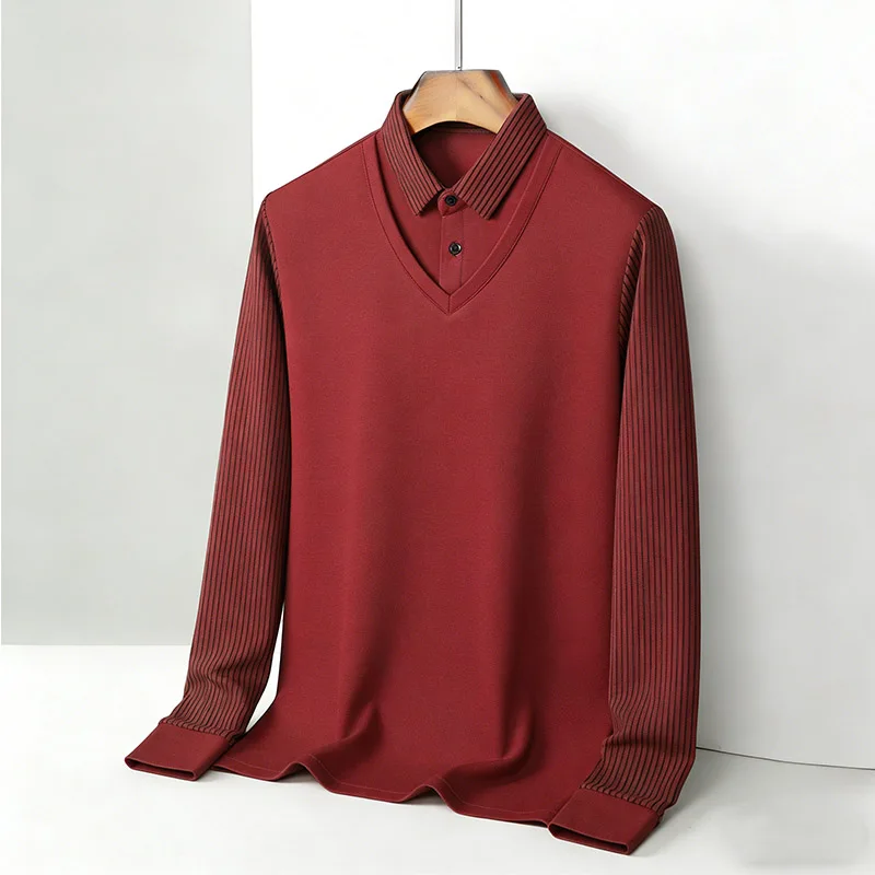 メンズフェイクツーピースシャツ襟 V ネック長袖トップカーキ - Fashion Mens Shirt のレビューと価格