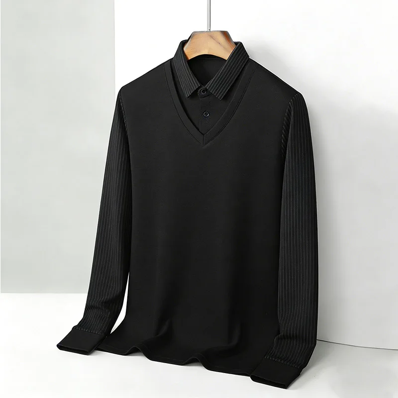 メンズフェイクツーピースシャツ襟 V ネック長袖トップカーキ - Fashion Mens Shirt のレビューと価格